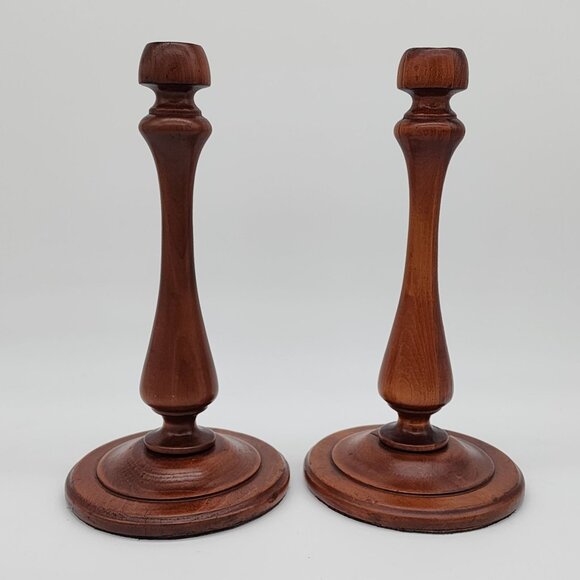 Vintage Wooden Candlestick Holder Large Smooth Design Pair Set of 2 12" - Picture 1 of 12